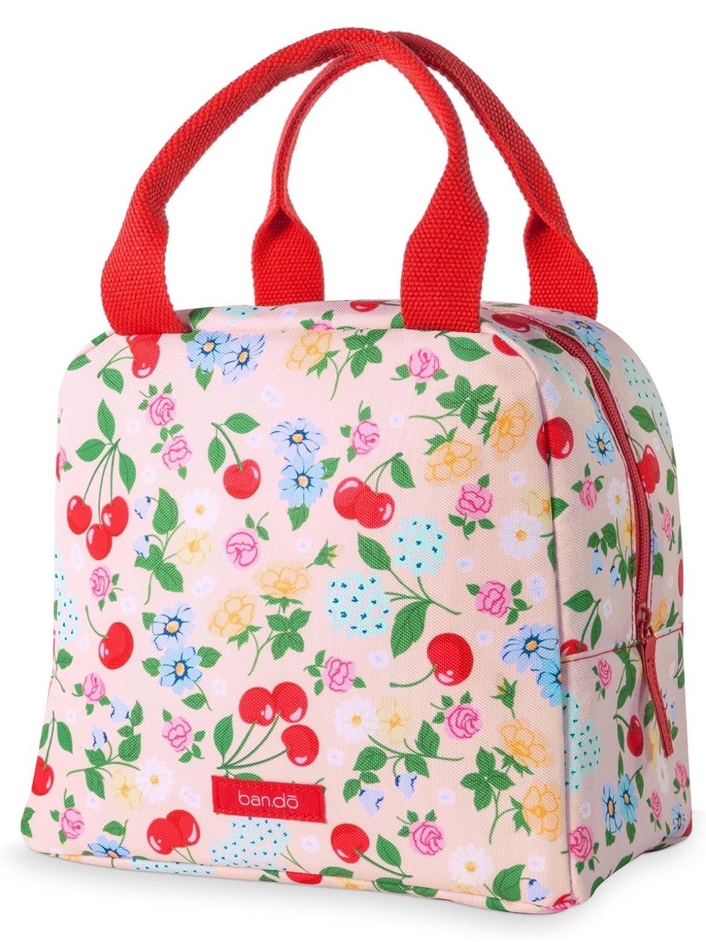 ban.do Pink Cherry & Floral Insulated Lunch Tote with Red Handles